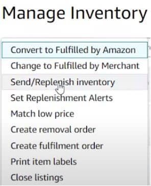 Select "Send Replenish Inventory": From the dropdown